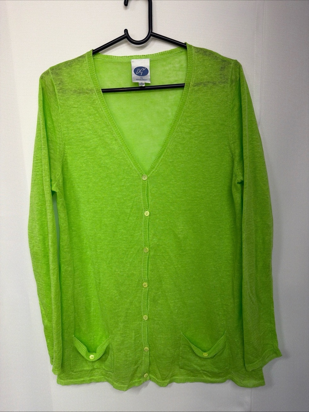 NWOT‎ DG2 by Diane Gilman Knit Linen Cardigan Lime Green Small Pockets Sz S